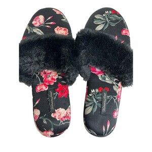 VICTORIA' SECRET Satin Black/Red Floral Bedroom Slippers SizeL 9-10 Faux FurTrim